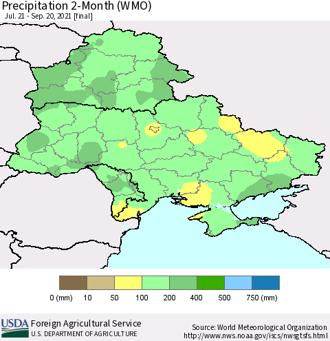 Ukraine, Moldova and Belarus Precipitation 2-Month (WMO) Thematic Map For 7/21/2021 - 9/20/2021