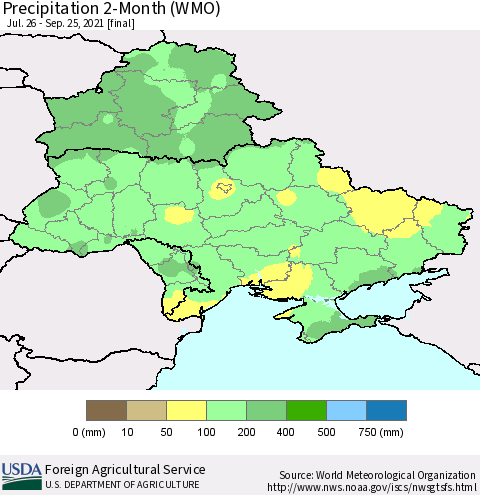 Ukraine, Moldova and Belarus Precipitation 2-Month (WMO) Thematic Map For 7/26/2021 - 9/25/2021