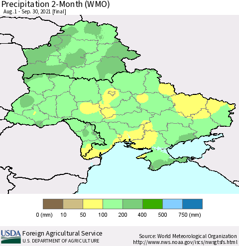Ukraine, Moldova and Belarus Precipitation 2-Month (WMO) Thematic Map For 8/1/2021 - 9/30/2021