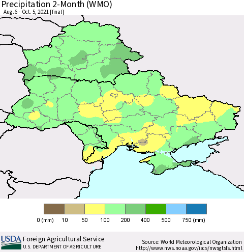 Ukraine, Moldova and Belarus Precipitation 2-Month (WMO) Thematic Map For 8/6/2021 - 10/5/2021