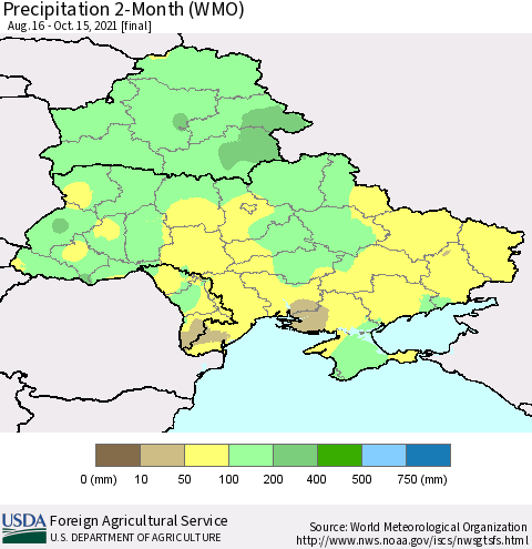 Ukraine, Moldova and Belarus Precipitation 2-Month (WMO) Thematic Map For 8/16/2021 - 10/15/2021