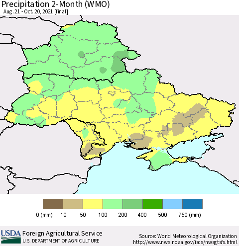 Ukraine, Moldova and Belarus Precipitation 2-Month (WMO) Thematic Map For 8/21/2021 - 10/20/2021