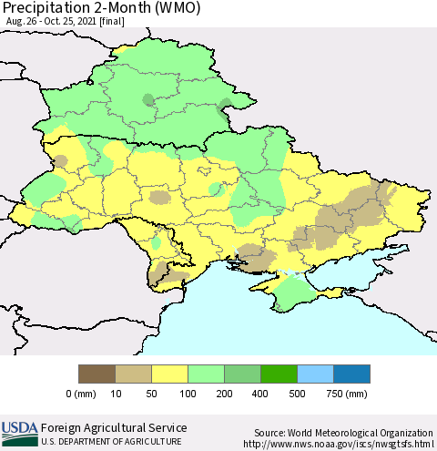 Ukraine, Moldova and Belarus Precipitation 2-Month (WMO) Thematic Map For 8/26/2021 - 10/25/2021