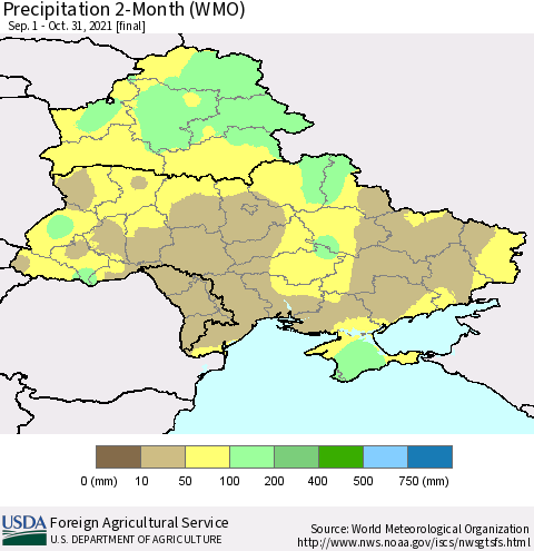 Ukraine, Moldova and Belarus Precipitation 2-Month (WMO) Thematic Map For 9/1/2021 - 10/31/2021