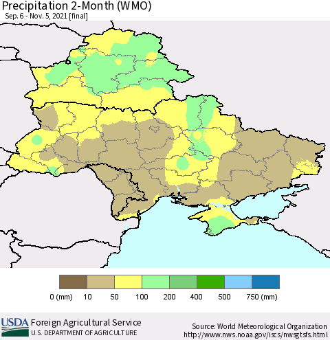 Ukraine, Moldova and Belarus Precipitation 2-Month (WMO) Thematic Map For 9/6/2021 - 11/5/2021