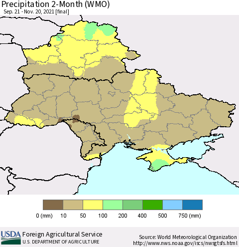 Ukraine, Moldova and Belarus Precipitation 2-Month (WMO) Thematic Map For 9/21/2021 - 11/20/2021