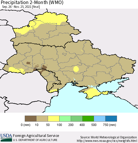 Ukraine, Moldova and Belarus Precipitation 2-Month (WMO) Thematic Map For 9/26/2021 - 11/25/2021