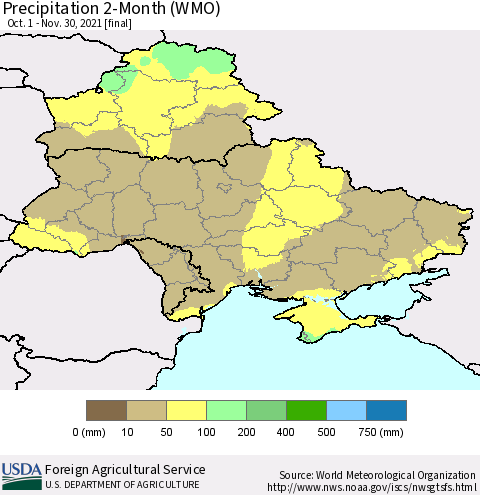 Ukraine, Moldova and Belarus Precipitation 2-Month (WMO) Thematic Map For 10/1/2021 - 11/30/2021