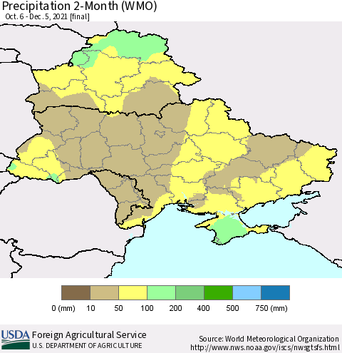 Ukraine, Moldova and Belarus Precipitation 2-Month (WMO) Thematic Map For 10/6/2021 - 12/5/2021