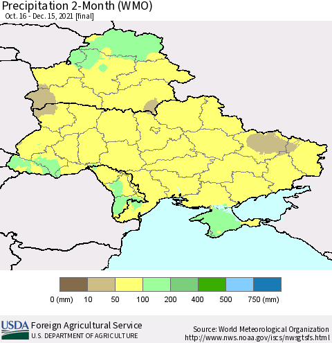 Ukraine, Moldova and Belarus Precipitation 2-Month (WMO) Thematic Map For 10/16/2021 - 12/15/2021