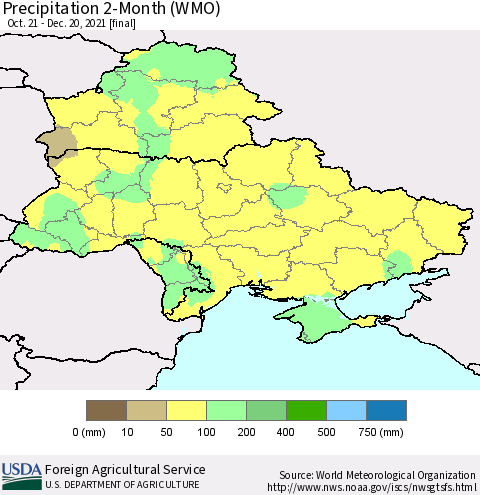 Ukraine, Moldova and Belarus Precipitation 2-Month (WMO) Thematic Map For 10/21/2021 - 12/20/2021