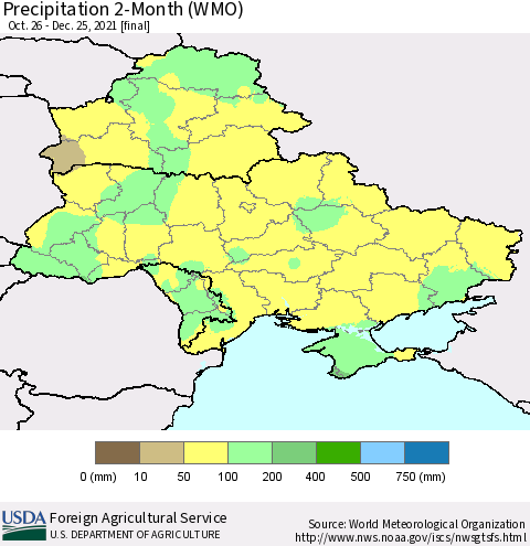 Ukraine, Moldova and Belarus Precipitation 2-Month (WMO) Thematic Map For 10/26/2021 - 12/25/2021
