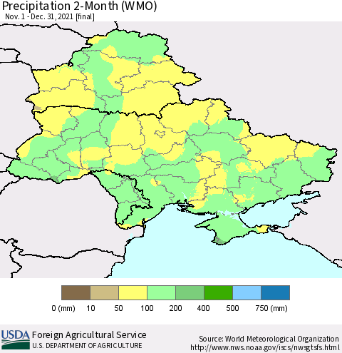 Ukraine, Moldova and Belarus Precipitation 2-Month (WMO) Thematic Map For 11/1/2021 - 12/31/2021