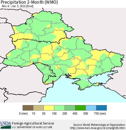 Ukraine, Moldova and Belarus Precipitation 2-Month (WMO) Thematic Map For 11/6/2021 - 1/5/2022