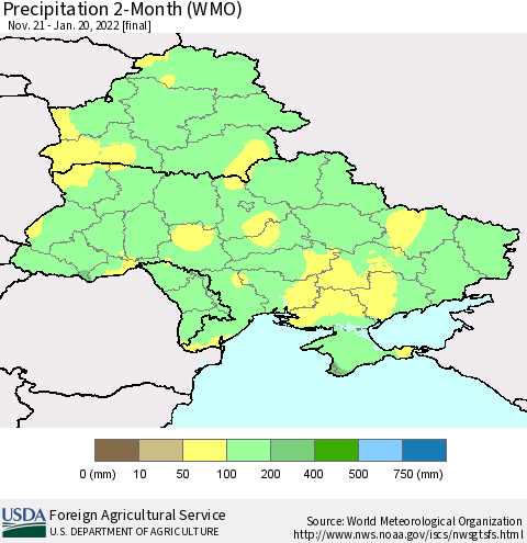 Ukraine, Moldova and Belarus Precipitation 2-Month (WMO) Thematic Map For 11/21/2021 - 1/20/2022