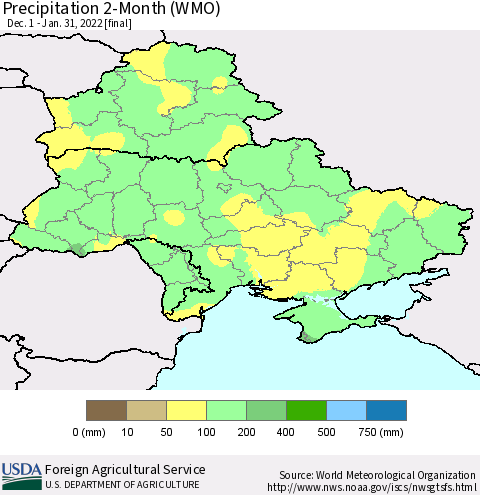 Ukraine, Moldova and Belarus Precipitation 2-Month (WMO) Thematic Map For 12/1/2021 - 1/31/2022