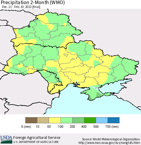 Ukraine, Moldova and Belarus Precipitation 2-Month (WMO) Thematic Map For 12/11/2021 - 2/10/2022