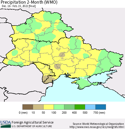 Ukraine, Moldova and Belarus Precipitation 2-Month (WMO) Thematic Map For 12/16/2021 - 2/15/2022