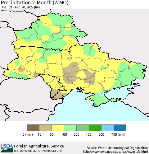 Ukraine, Moldova and Belarus Precipitation 2-Month (WMO) Thematic Map For 12/21/2021 - 2/20/2022