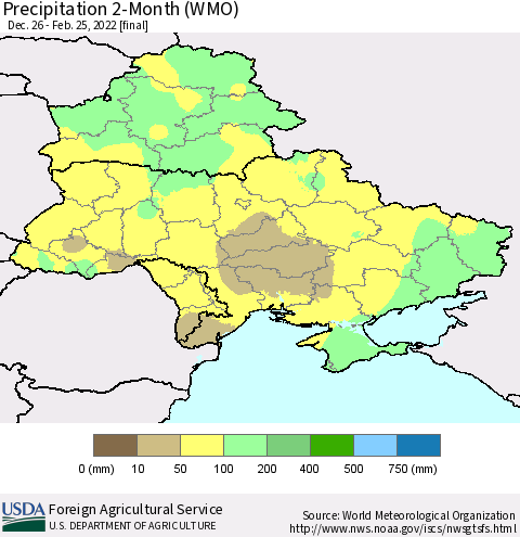 Ukraine, Moldova and Belarus Precipitation 2-Month (WMO) Thematic Map For 12/26/2021 - 2/25/2022