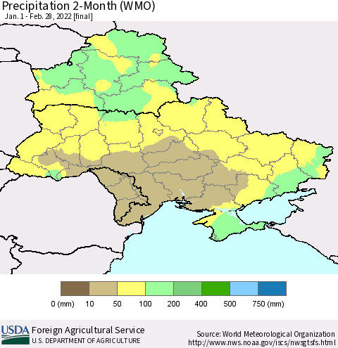 Ukraine, Moldova and Belarus Precipitation 2-Month (WMO) Thematic Map For 1/1/2022 - 2/28/2022