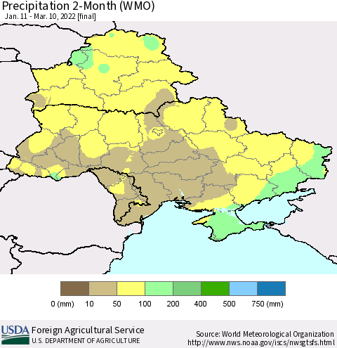 Ukraine, Moldova and Belarus Precipitation 2-Month (WMO) Thematic Map For 1/11/2022 - 3/10/2022