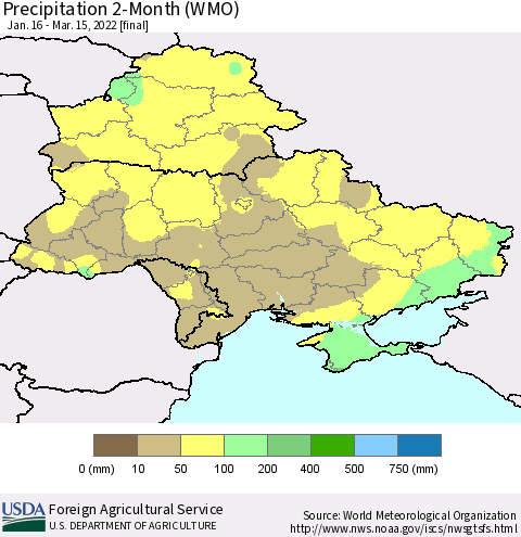 Ukraine, Moldova and Belarus Precipitation 2-Month (WMO) Thematic Map For 1/16/2022 - 3/15/2022