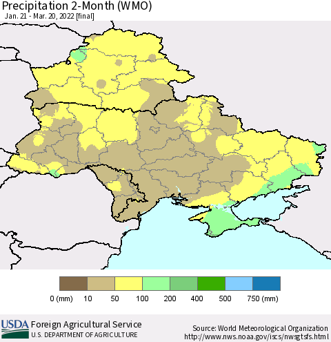 Ukraine, Moldova and Belarus Precipitation 2-Month (WMO) Thematic Map For 1/21/2022 - 3/20/2022