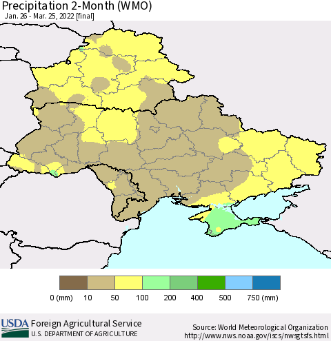 Ukraine, Moldova and Belarus Precipitation 2-Month (WMO) Thematic Map For 1/26/2022 - 3/25/2022