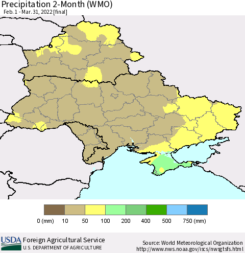 Ukraine, Moldova and Belarus Precipitation 2-Month (WMO) Thematic Map For 2/1/2022 - 3/31/2022