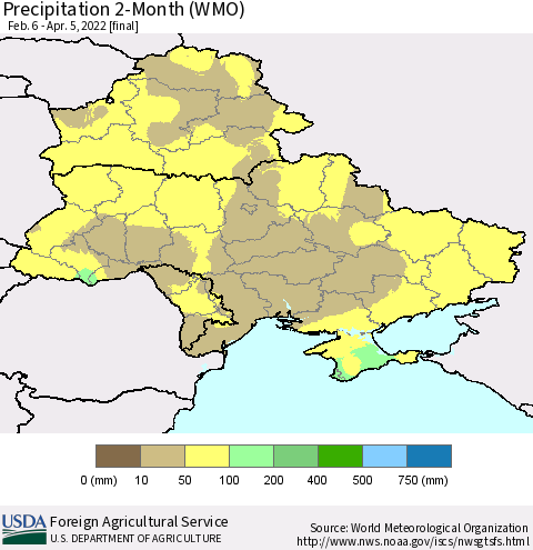 Ukraine, Moldova and Belarus Precipitation 2-Month (WMO) Thematic Map For 2/6/2022 - 4/5/2022