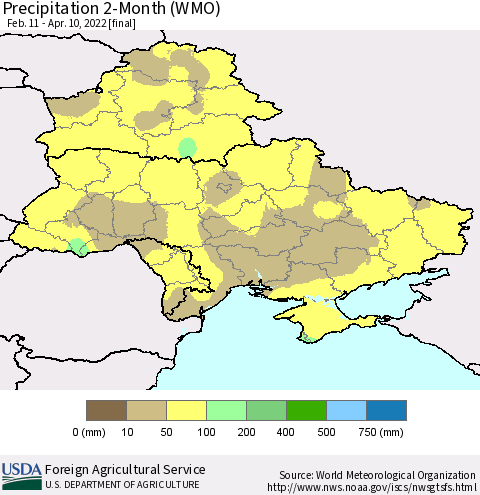 Ukraine, Moldova and Belarus Precipitation 2-Month (WMO) Thematic Map For 2/11/2022 - 4/10/2022
