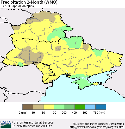 Ukraine, Moldova and Belarus Precipitation 2-Month (WMO) Thematic Map For 2/21/2022 - 4/20/2022