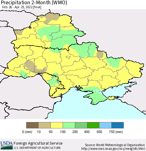Ukraine, Moldova and Belarus Precipitation 2-Month (WMO) Thematic Map For 2/26/2022 - 4/25/2022