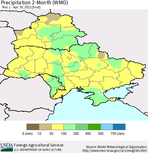 Ukraine, Moldova and Belarus Precipitation 2-Month (WMO) Thematic Map For 3/1/2022 - 4/30/2022