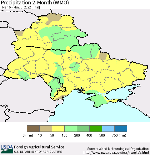 Ukraine, Moldova and Belarus Precipitation 2-Month (WMO) Thematic Map For 3/6/2022 - 5/5/2022