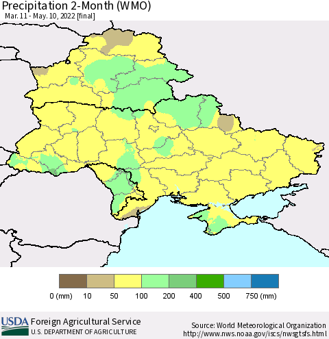 Ukraine, Moldova and Belarus Precipitation 2-Month (WMO) Thematic Map For 3/11/2022 - 5/10/2022