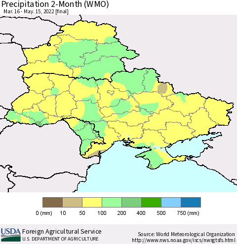 Ukraine, Moldova and Belarus Precipitation 2-Month (WMO) Thematic Map For 3/16/2022 - 5/15/2022