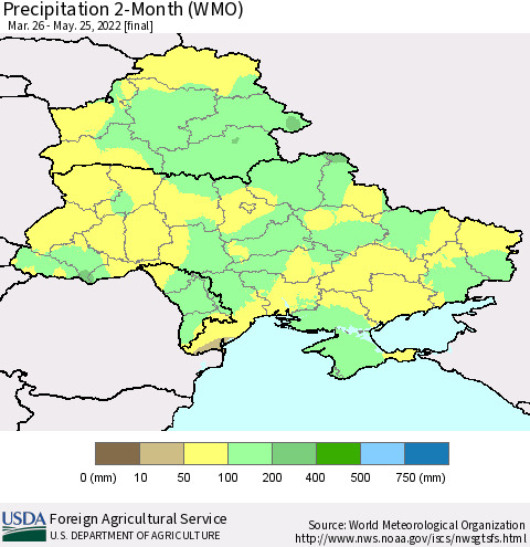 Ukraine, Moldova and Belarus Precipitation 2-Month (WMO) Thematic Map For 3/26/2022 - 5/25/2022