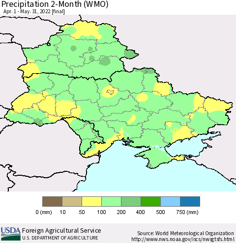 Ukraine, Moldova and Belarus Precipitation 2-Month (WMO) Thematic Map For 4/1/2022 - 5/31/2022