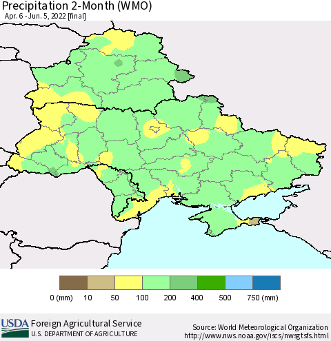Ukraine, Moldova and Belarus Precipitation 2-Month (WMO) Thematic Map For 4/6/2022 - 6/5/2022
