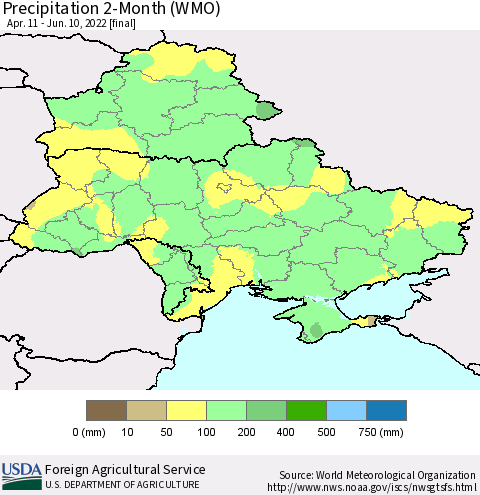 Ukraine, Moldova and Belarus Precipitation 2-Month (WMO) Thematic Map For 4/11/2022 - 6/10/2022