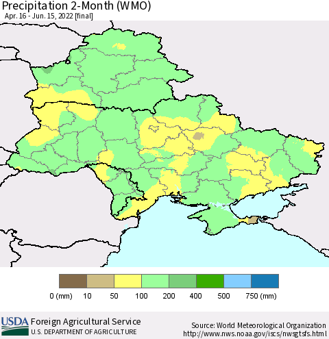 Ukraine, Moldova and Belarus Precipitation 2-Month (WMO) Thematic Map For 4/16/2022 - 6/15/2022