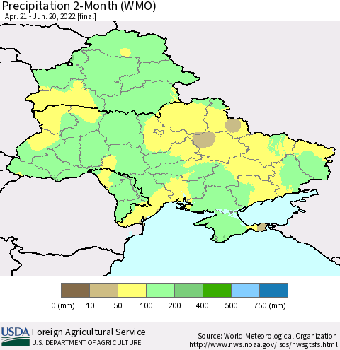 Ukraine, Moldova and Belarus Precipitation 2-Month (WMO) Thematic Map For 4/21/2022 - 6/20/2022