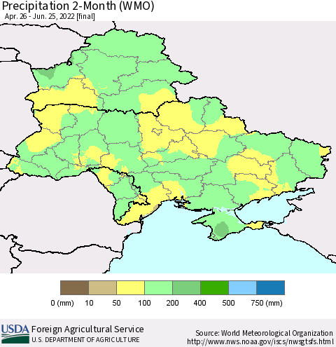 Ukraine, Moldova and Belarus Precipitation 2-Month (WMO) Thematic Map For 4/26/2022 - 6/25/2022