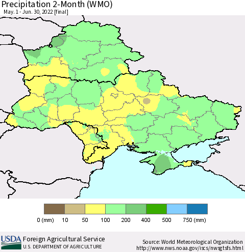 Ukraine, Moldova and Belarus Precipitation 2-Month (WMO) Thematic Map For 5/1/2022 - 6/30/2022
