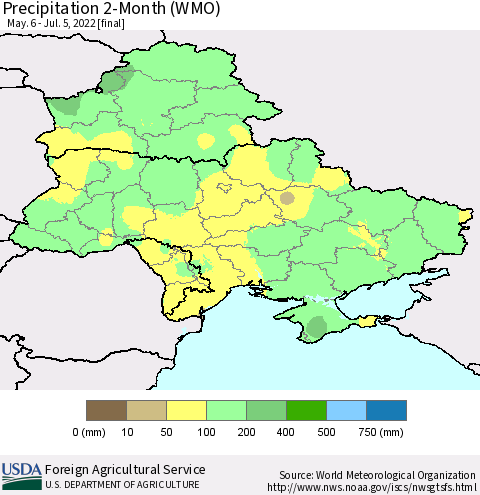 Ukraine, Moldova and Belarus Precipitation 2-Month (WMO) Thematic Map For 5/6/2022 - 7/5/2022
