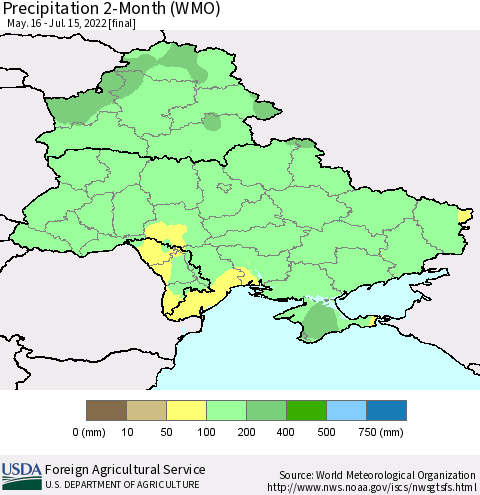 Ukraine, Moldova and Belarus Precipitation 2-Month (WMO) Thematic Map For 5/16/2022 - 7/15/2022