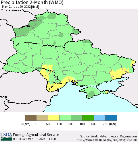 Ukraine, Moldova and Belarus Precipitation 2-Month (WMO) Thematic Map For 5/21/2022 - 7/20/2022