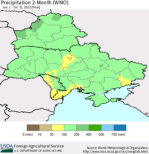Ukraine, Moldova and Belarus Precipitation 2-Month (WMO) Thematic Map For 6/1/2022 - 7/31/2022